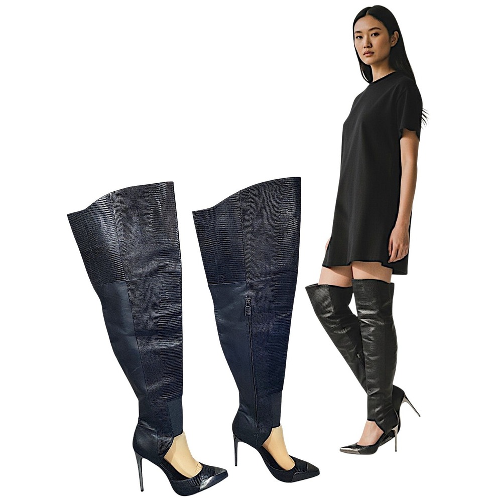 BCBGMAXAZRIA Runway Boots 9M Concorde Black Leather Lizard Print Thigh High 4.5"